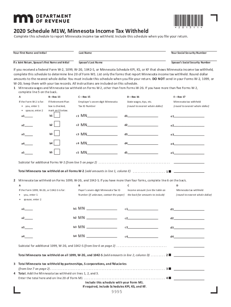  Form Schedule M1W Minnesota Income Tax Withheld 2020