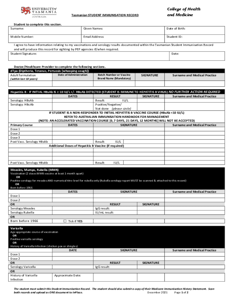 Australia University Student Immunisation  Form