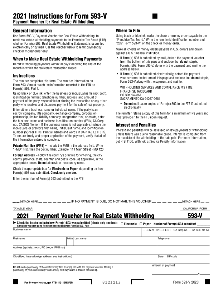  2021 California Form 593 V Payment Voucher for Real Estate Withholding 2021