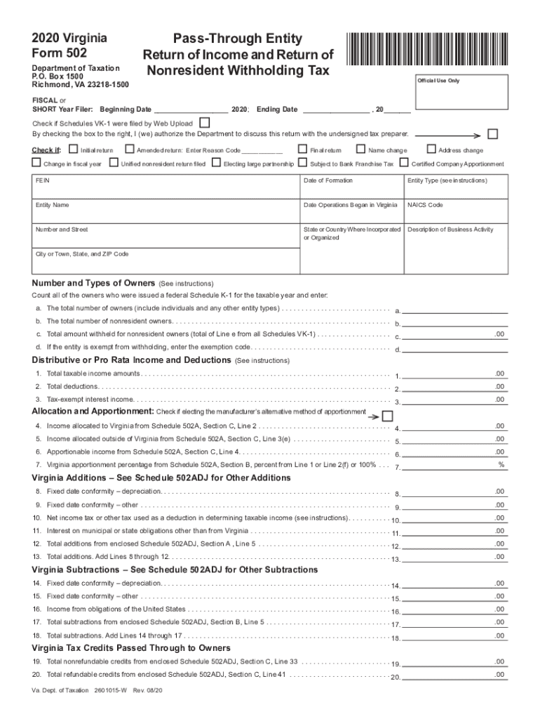  Form 502 Pass through Entity Return of Income and Return of Nonresident Withholding Tax 2020