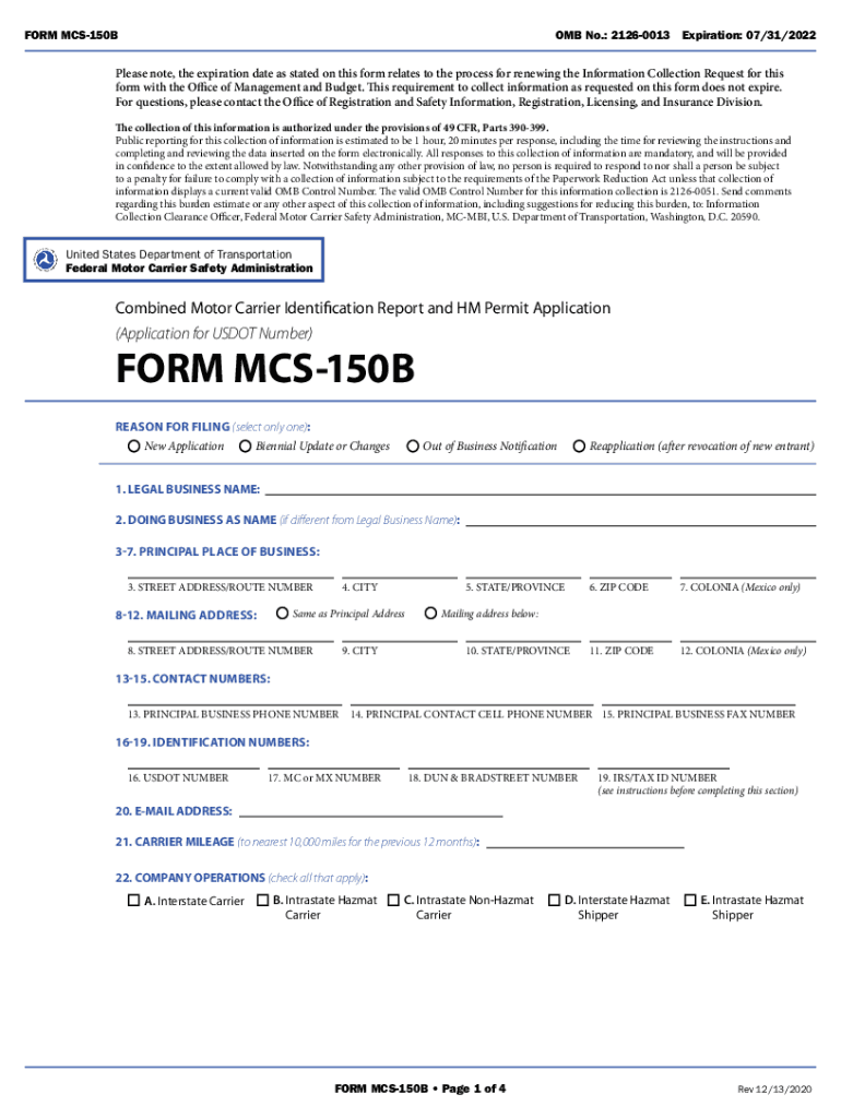 FMCSA Form MCS 150B Combined Motor Carrier Identification Report and HM Permit Application Application for USDOT Number