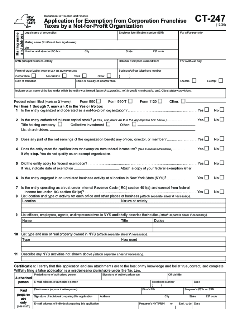  Form CT 247 Application for Exemption from Corporation Franchise Taxes by a Not for Profit Organization Revised 1220 2020-2024