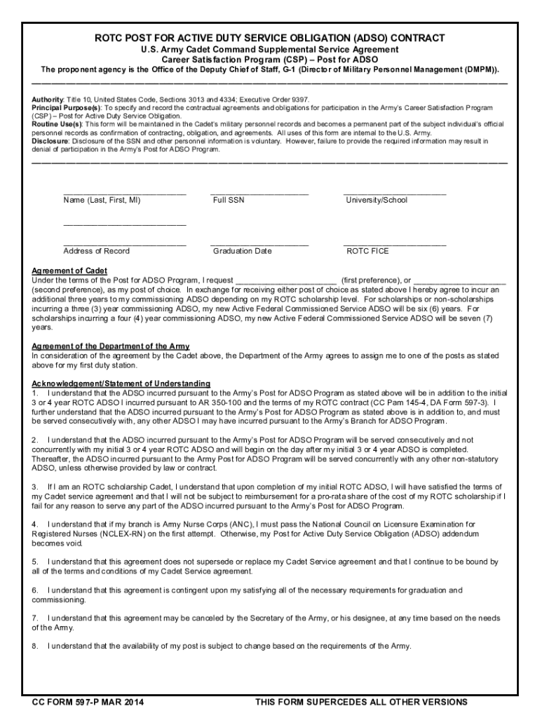 Army Cadet Command Supplemental Service Agreement  Form