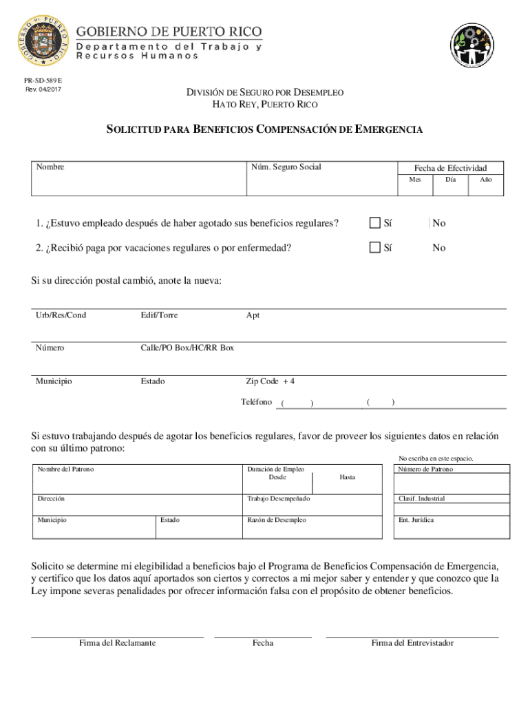 Puerto Rico Emergency Compensation Benefits Application  Form