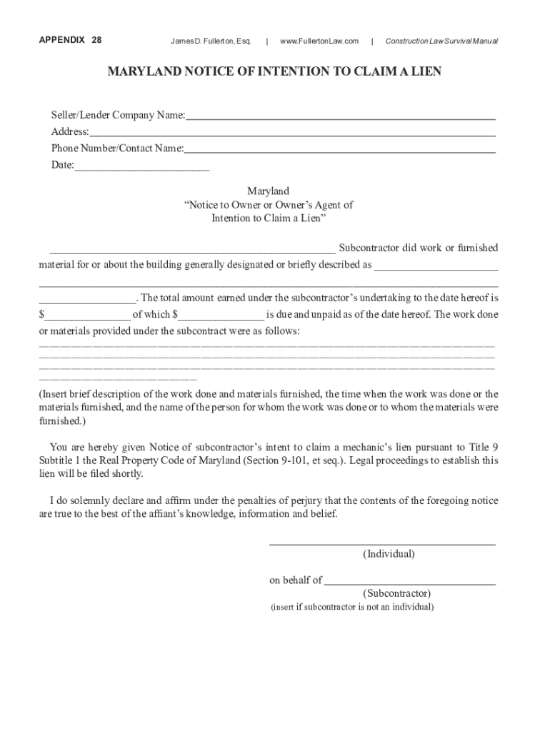  MARYLAND NOTICE of INTENTION to CLAIM a LIEN 2019-2024