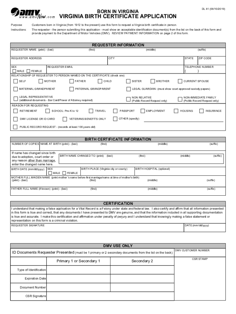 Get and Sign Va Dmv Birth Certificate Form 11 2019-2022