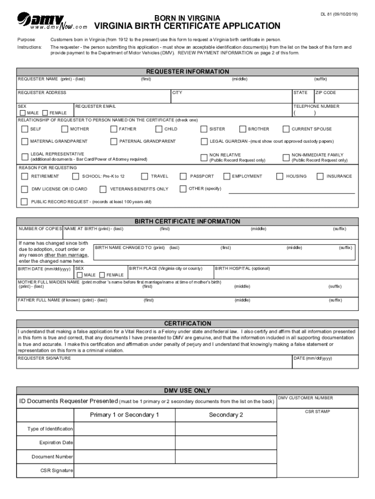  Va Dmv Birth Certificate Form 11 2019-2024