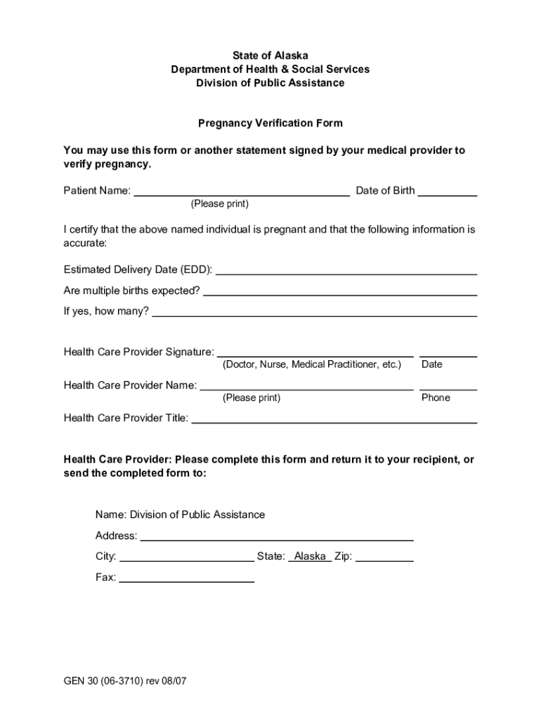 Pregnancy Verification Form This Form is Intended to Be Sent by a Public Assistance Office to a Health Care Provider to Verify a