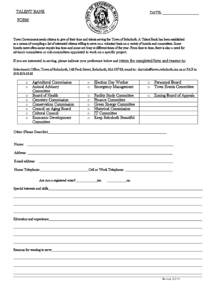 TALENT BANK DATE FORM Agricultural Commission Election Day