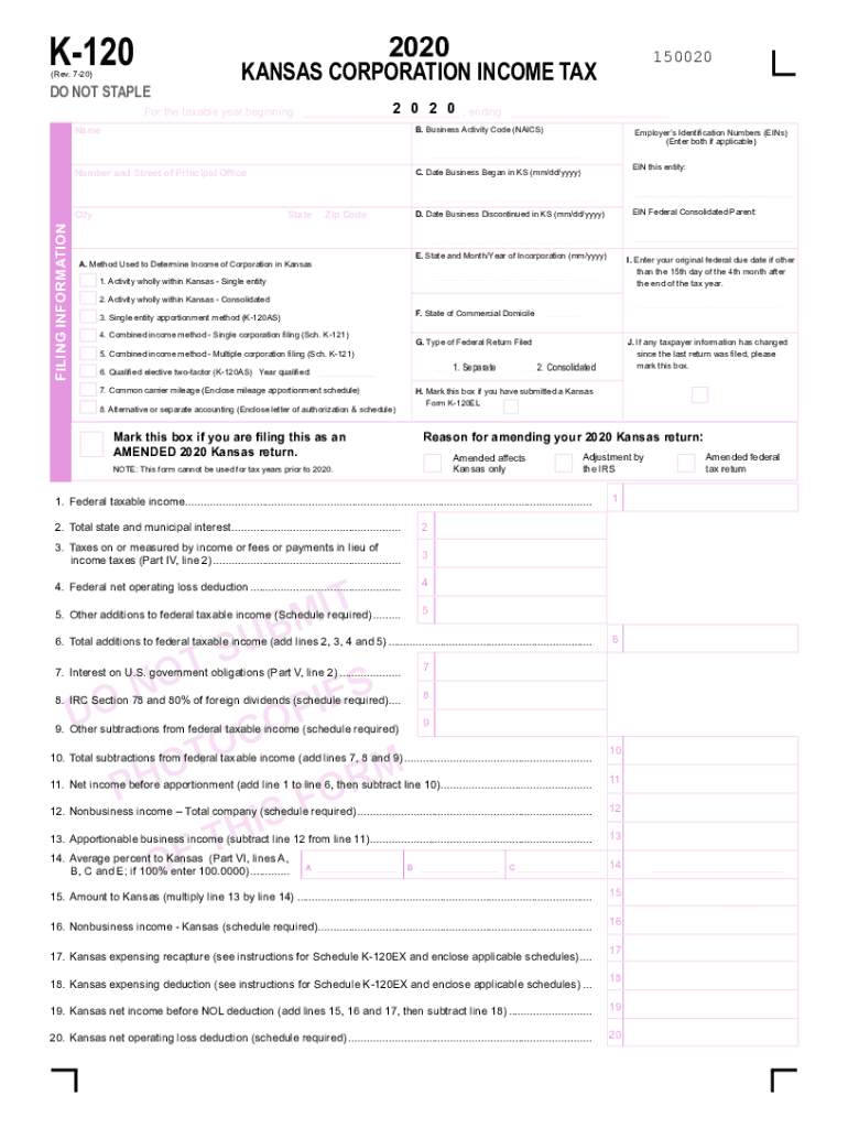  K 120 Corporation Income Tax Return Rev 7 20 a Kansas Corporate Income Tax Return Must Be Filed by All Corporations Doing Busine 2020