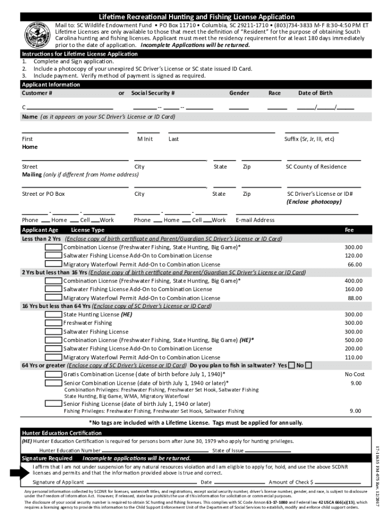  Fillable Lifetime Recreational Hunting and Fishing License 2017-2024