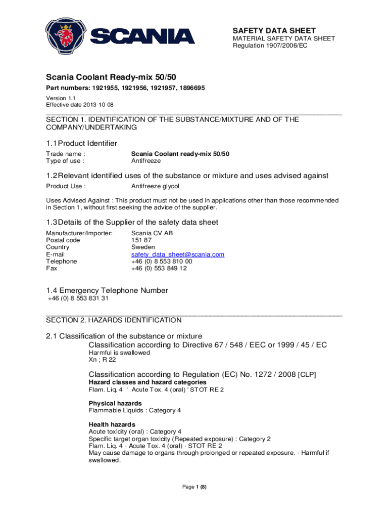 Scania Coolant Ready Mix 50 50  Form