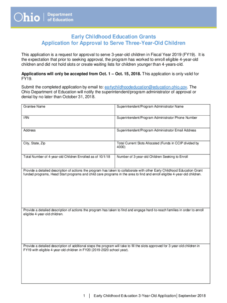 Early Childhood Education Grant Application for Approval to Serve Three Year Old Children  Form