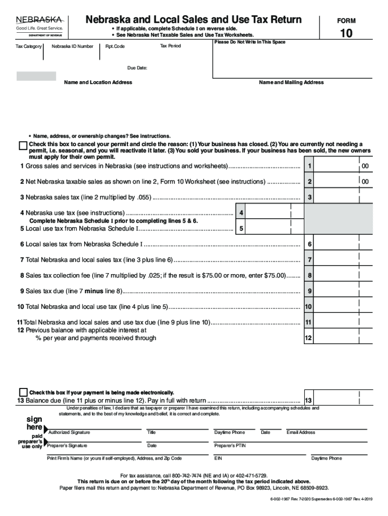  Form 10 'Nebraska and Local Sales and Use Tax Return 2020