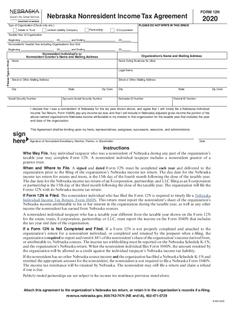  Nebraska Form 12N Nebraska Nonresident Income Tax Agreement 2020