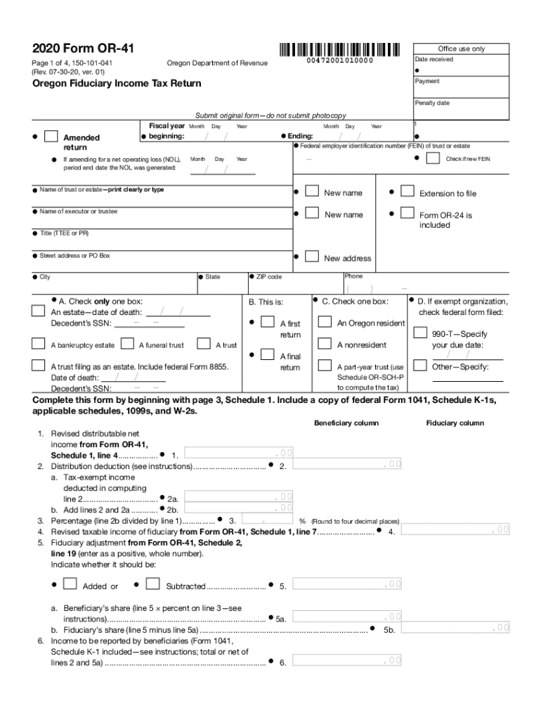  Form or 41, Oregon Fiduciary Income Tax Return, 150 2020