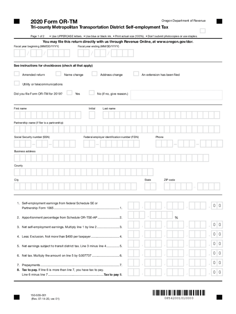  Form or TM, Tri County Metropolitan Transportation DistrictSelf Employment Tax, 150 555 001 2020