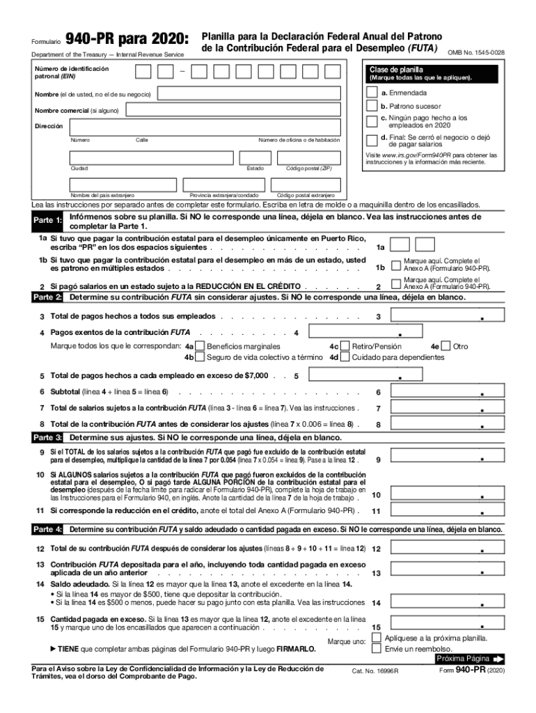  Form 940 PR Employer's Annual Federal Unemployment FUTA Tax Return Puerto Rican Version 2020