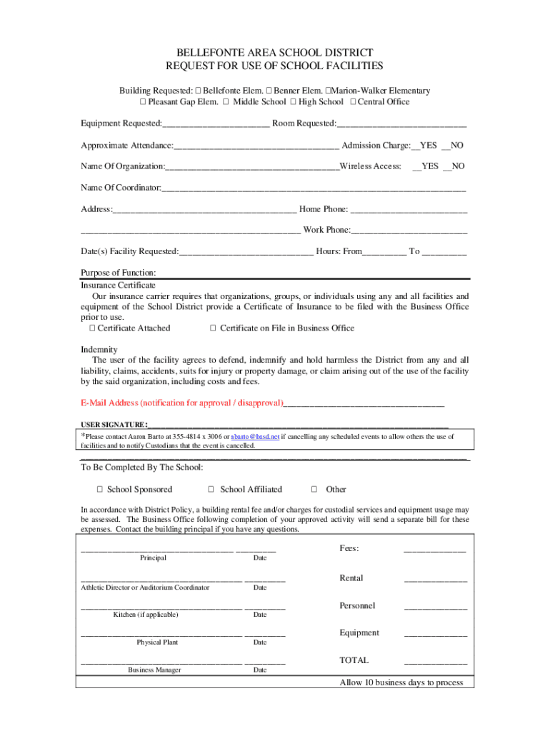 BELLEFONTE AREA SCHOOL DISTRICT REQUEST for USE of  Form