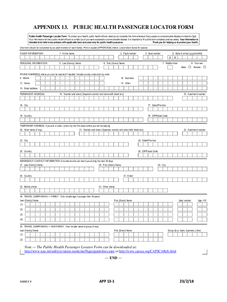 Appendix 13 Public Health Passenger Locator Form