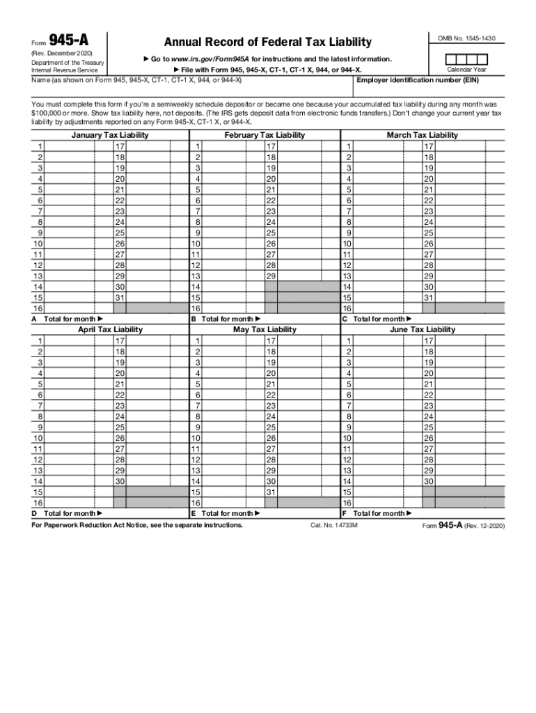  Form 945 a Rev December Annual Record of Federal Tax Liability 2020-2024