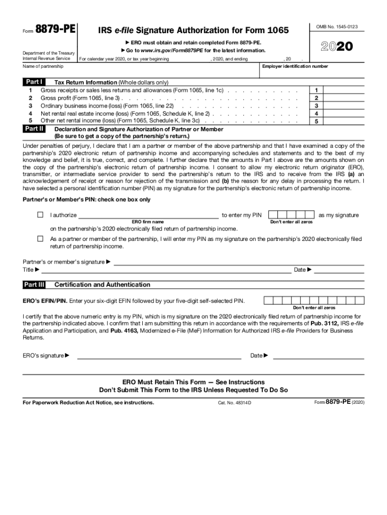  Form 8879 PE IRS E File Signature Authorization for Form 1065 2020