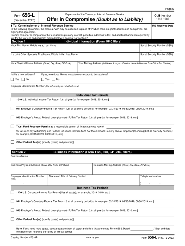  Form 656 L Offer in Compromise Internal Revenue Service 2020-2024