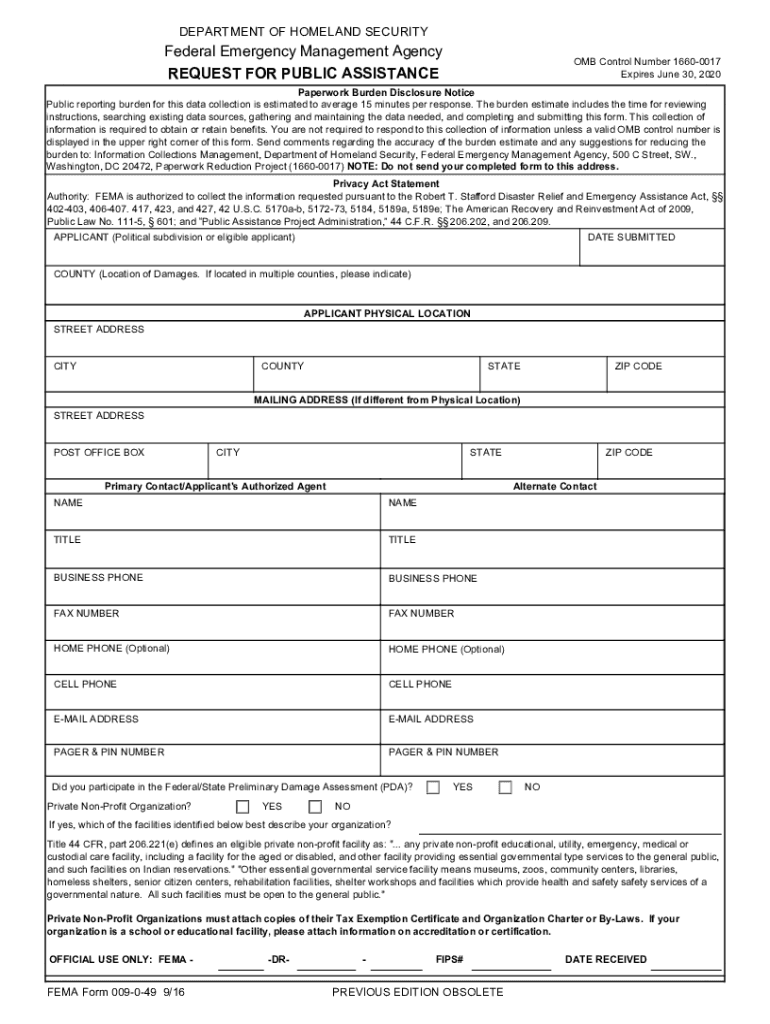 FEMA Request for Public Assistance  Form