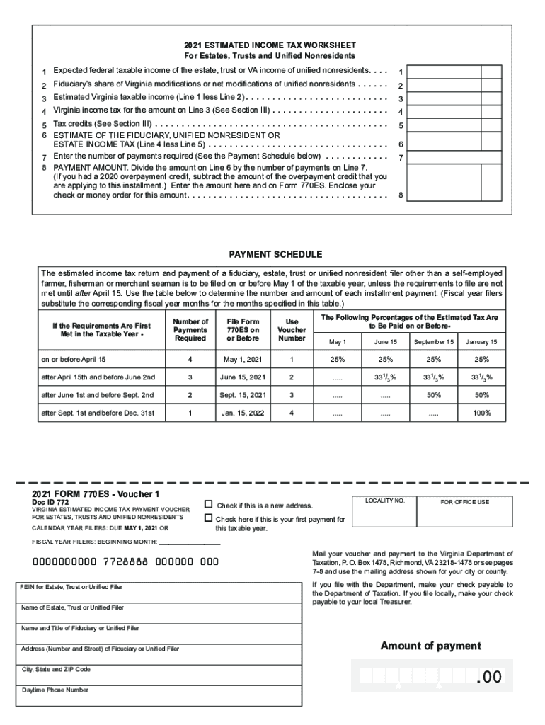  Form 770ES, Virginia Estimated Income Tax Payment Vouchers for Estates, Trusts, and Unified Nonresidents 2021