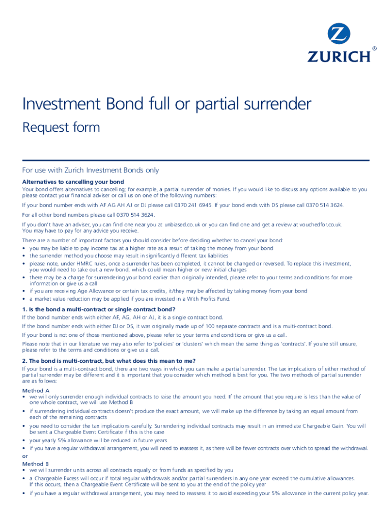  Full or Partial Surrender Request Form Zurich Intermediary 2018-2024