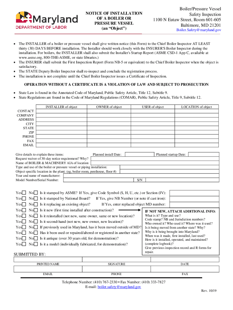  Notice of Installation of a Boiler or Pressure Vessel 2019-2024