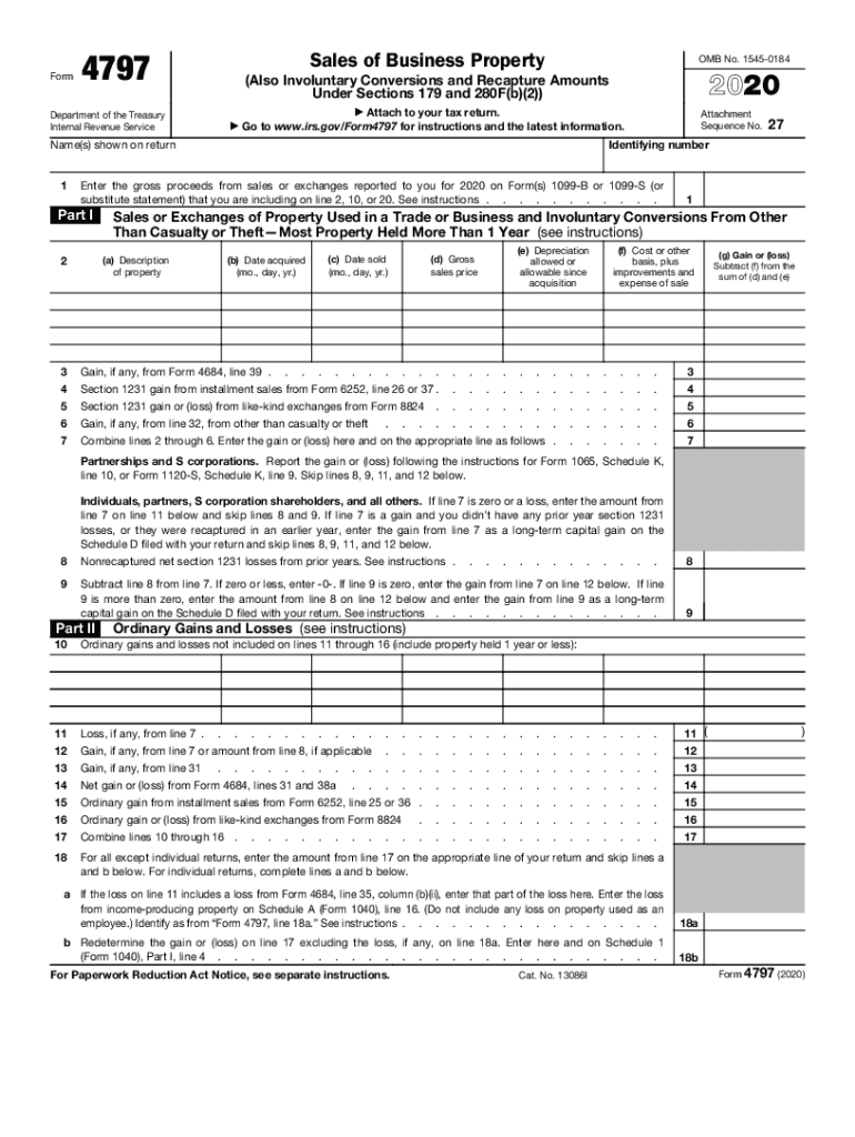  Form 4797 Sales of Business Property Also Involuntary Conversions and Recapture Amounts under Sections 179 and 280Fb2 2020