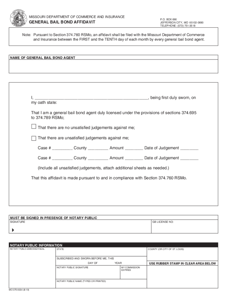 375 0034 8 19 General Bail Bond Affidavit MISSOURI DEPARTMENT of COMMERCE and INSURANCE  Form