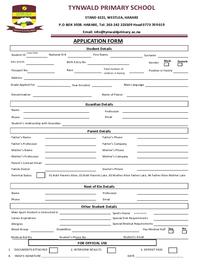 Tynwald Primary School Fees  Form