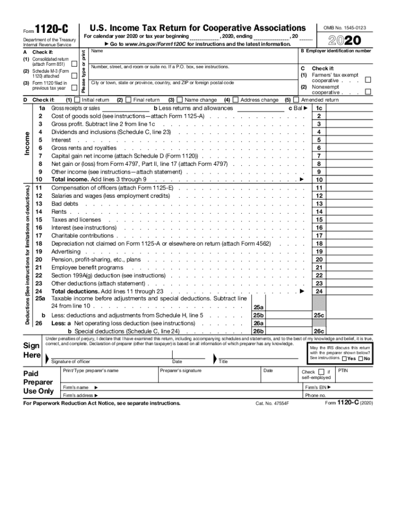 Form 1120 C U S Income Tax Return for Cooperative Associations