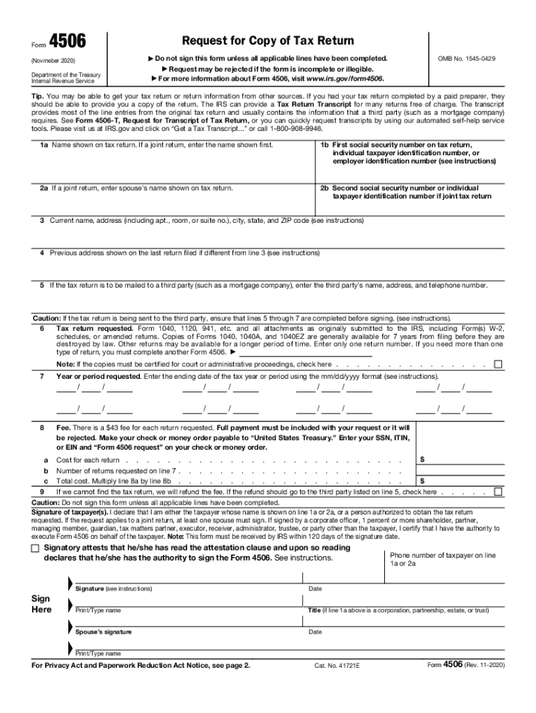 Form 4506 Rev 11 Request For Copy Of Tax Return Fill Out