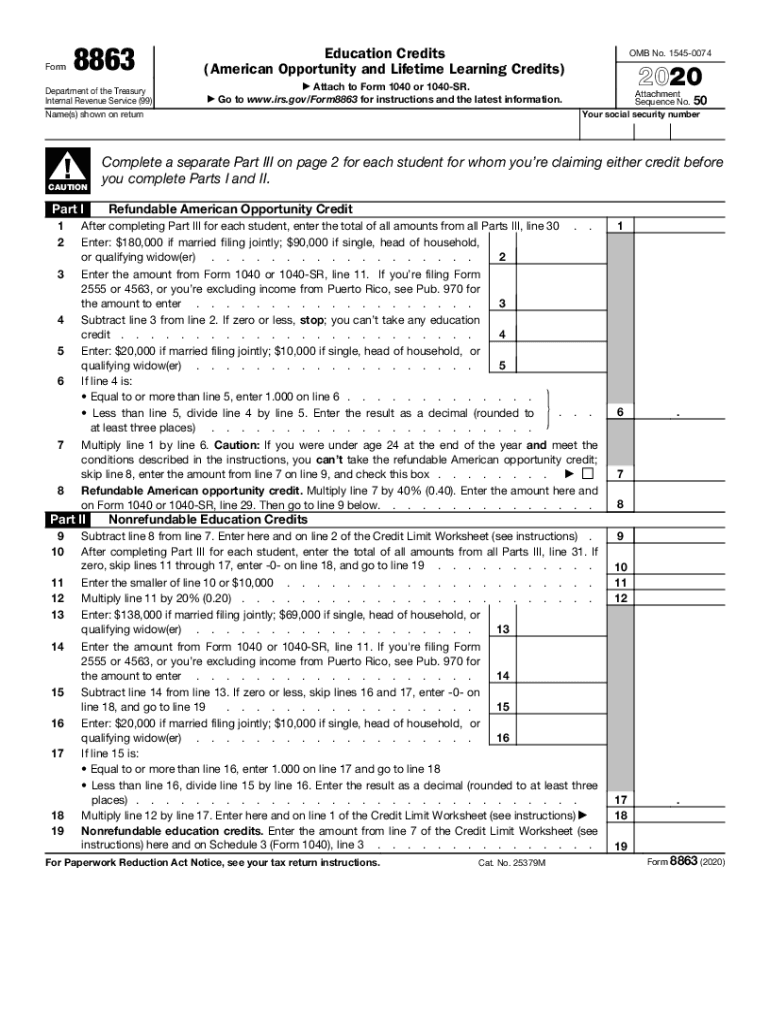  PDF Form 8863, Education Credits American Opportunity and IRS Gov 2020