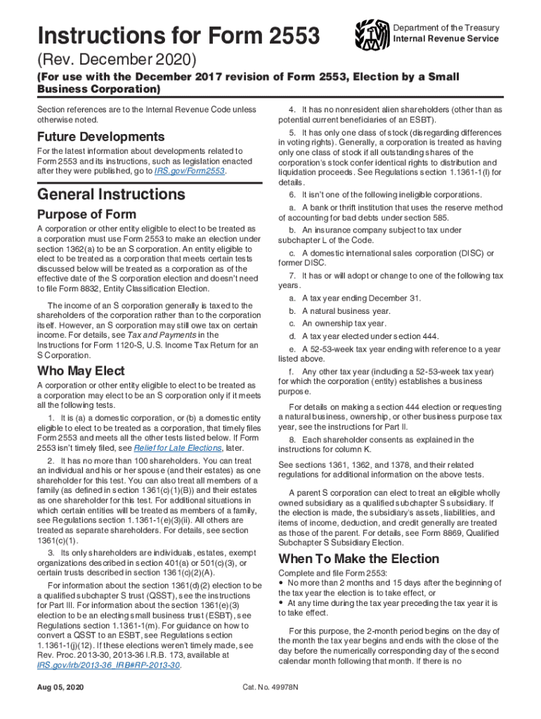 Instructions for Form 2553 12Internal Revenue