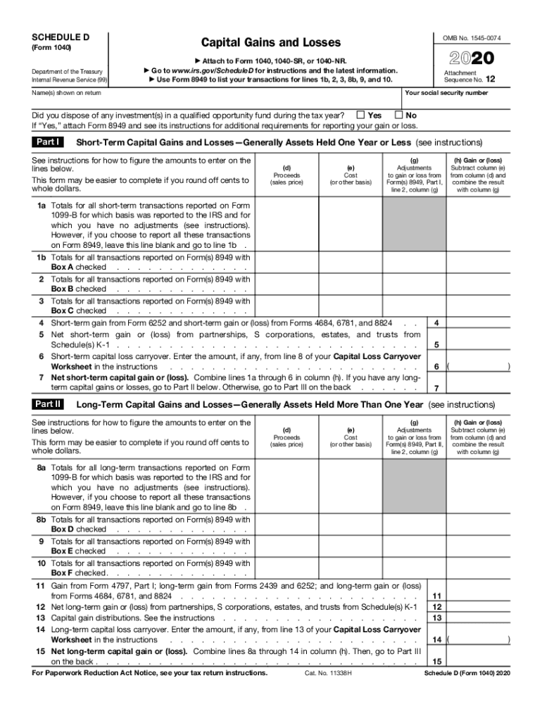  Schedule D Form 1040 Capital Gains and Losses 2020