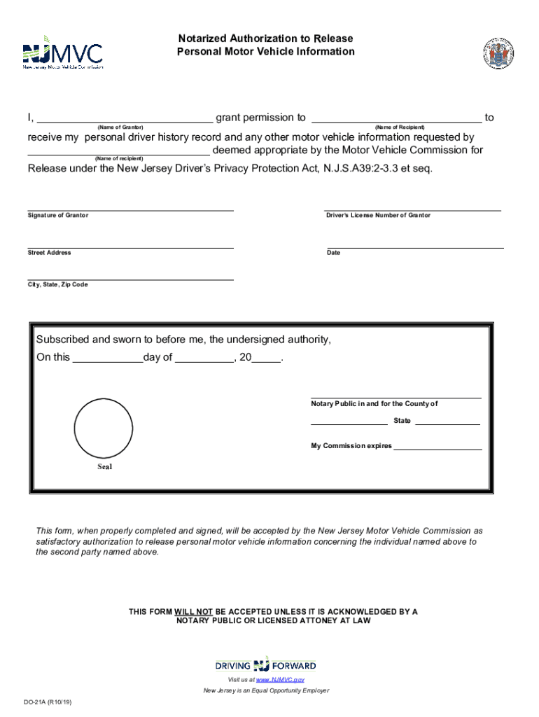  Notarized Authorization to Release Personal Motor Vehicle 2019-2024