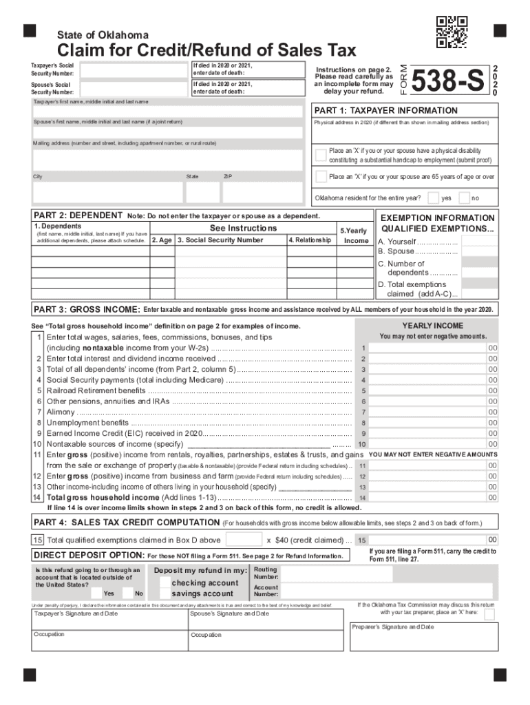 Get and Sign Form 538 S Claim for Credit Refund of Sales Tax 2020