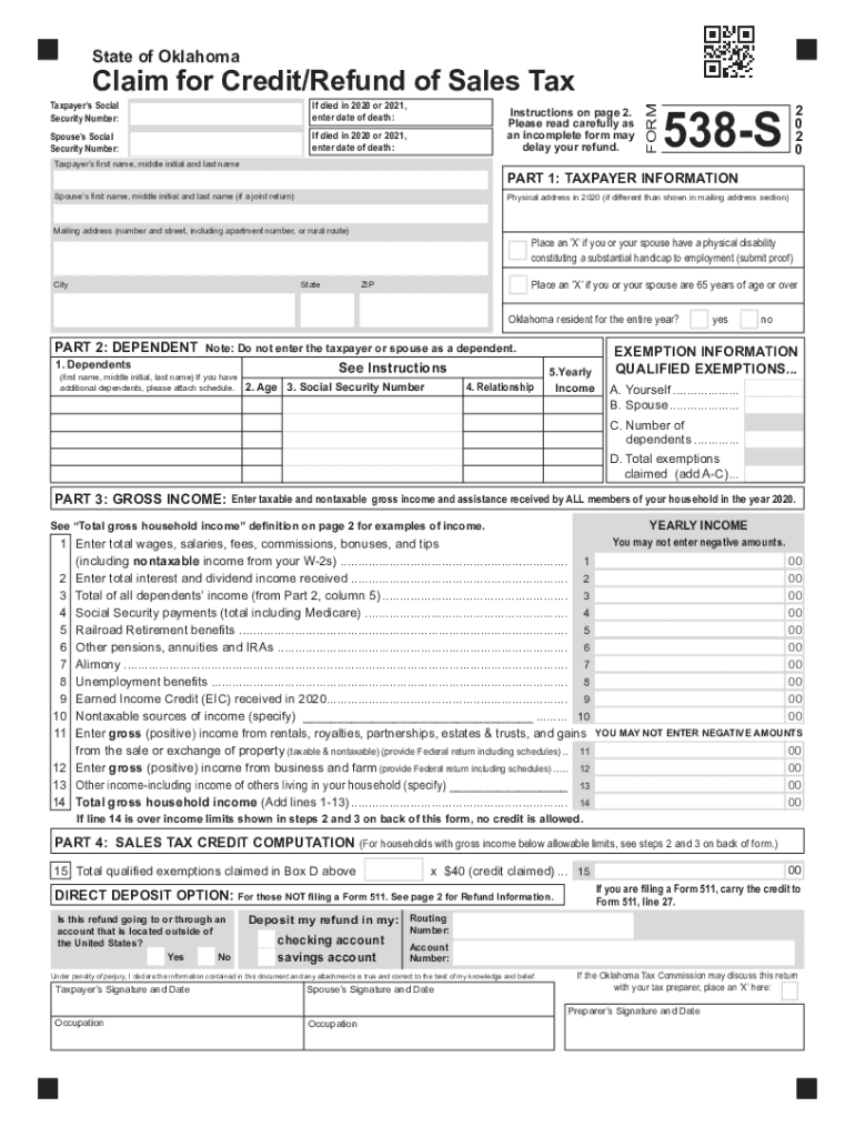  Form 538 S Claim for Credit Refund of Sales Tax 2020