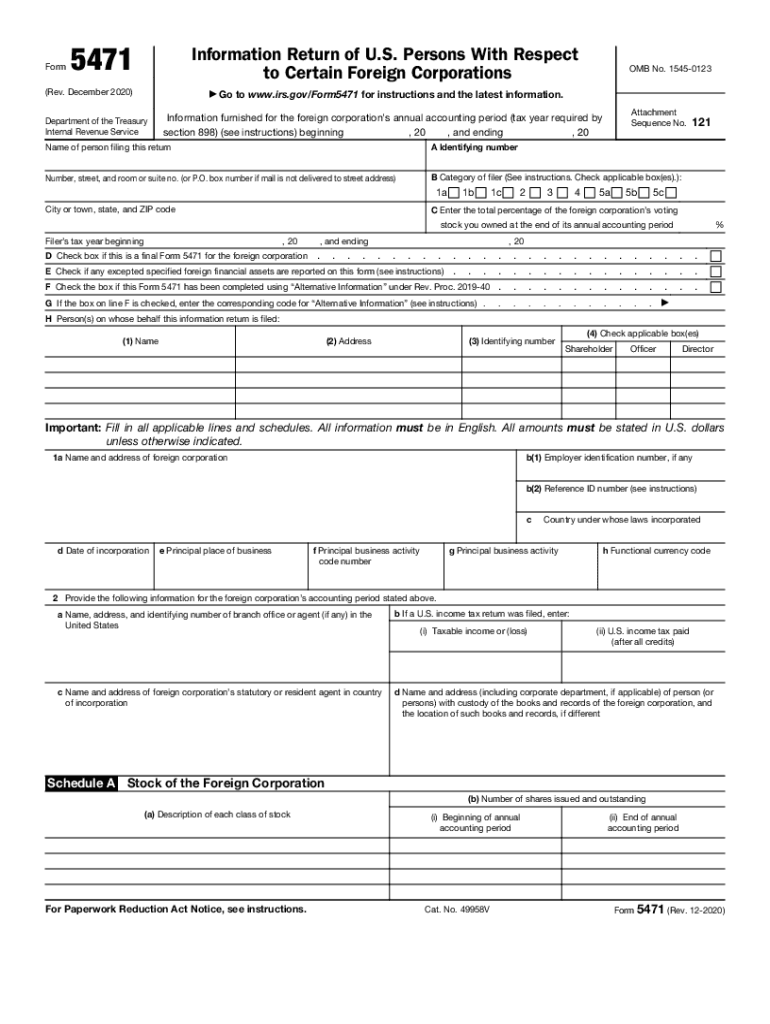  Form 5471 Rev December Information Return of U S Persons with Respect to Certain Foreign Corporations 2020