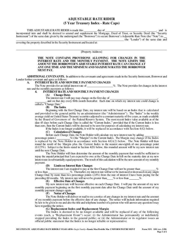  Form 3131 Multistate Adjustable Rate Rider 5 Year ARM 2020-2024