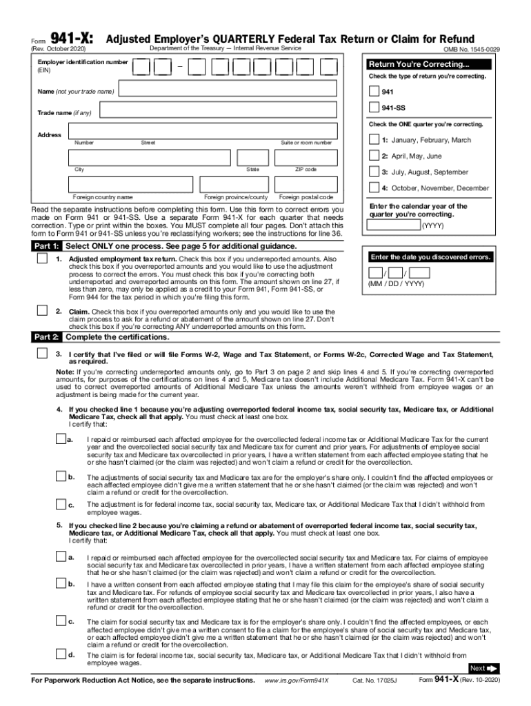  Form 941 X Rev October Internal Revenue Service 2020