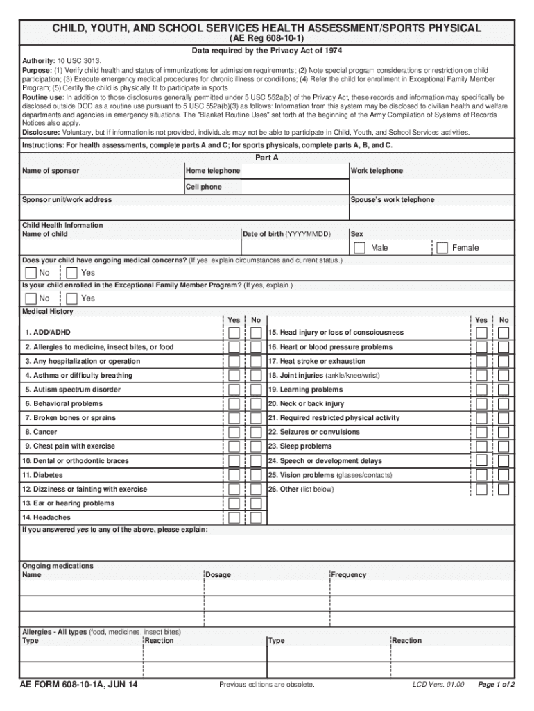 AE Form 608 10 1A, June LCD Vers 01 00 Child, Youth, and School Services Health AssessmentSports Physical
