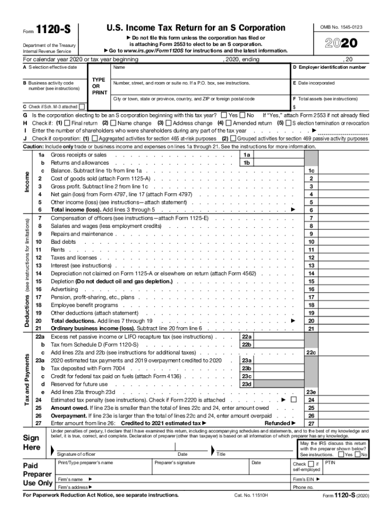  Fillable Online Form 1120S U S Income Tax Return 2020