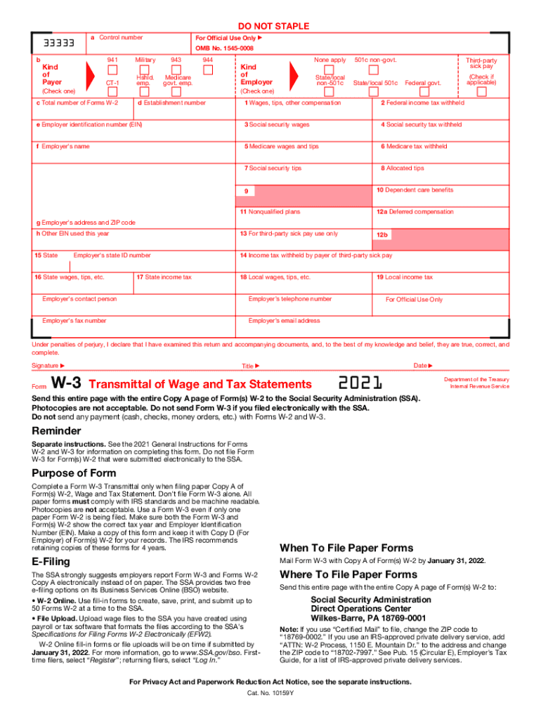  Form W 3 Transmittal of Wage and Tax Statements 2020