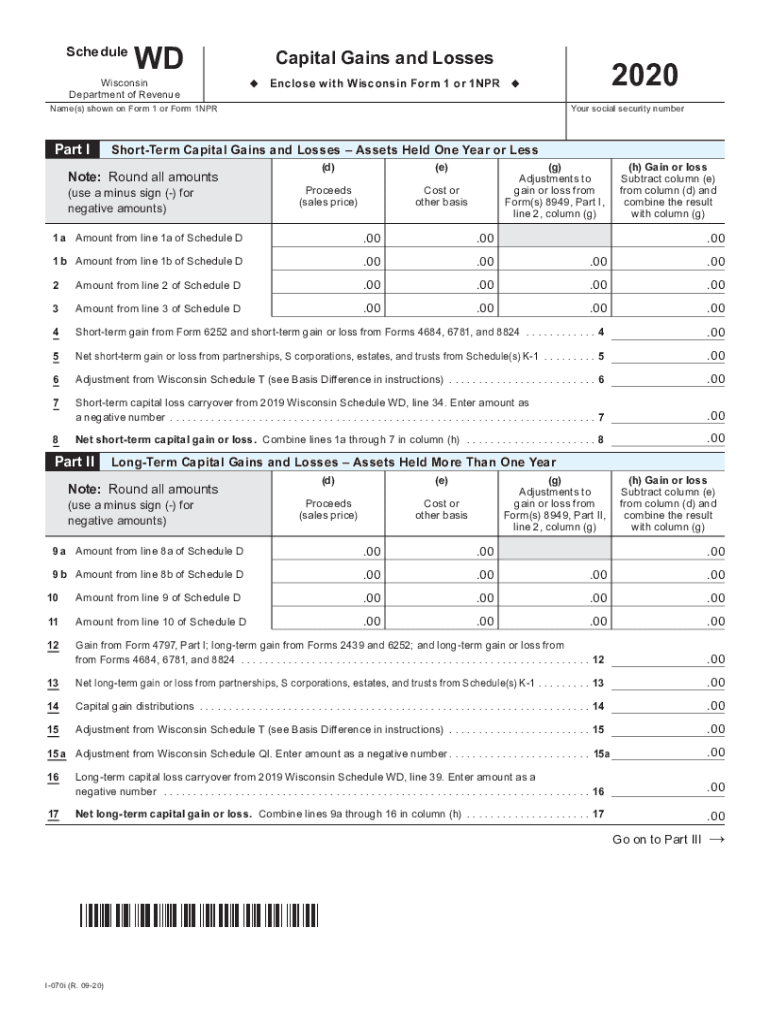  I 070 Wisconsin Schedule WD, Capital Gains and Losses Fillable 2020