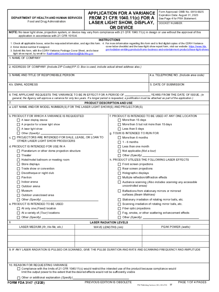 FORM FDA 3147 Application for a Variance from 21 CFR 10 4011 C for a Laser Light Show, Display or Device